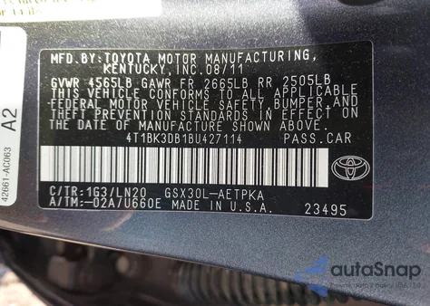 2011 Toyota Avalon Limited from USA, damaged, VIN 4T1BK3DB1BU427114